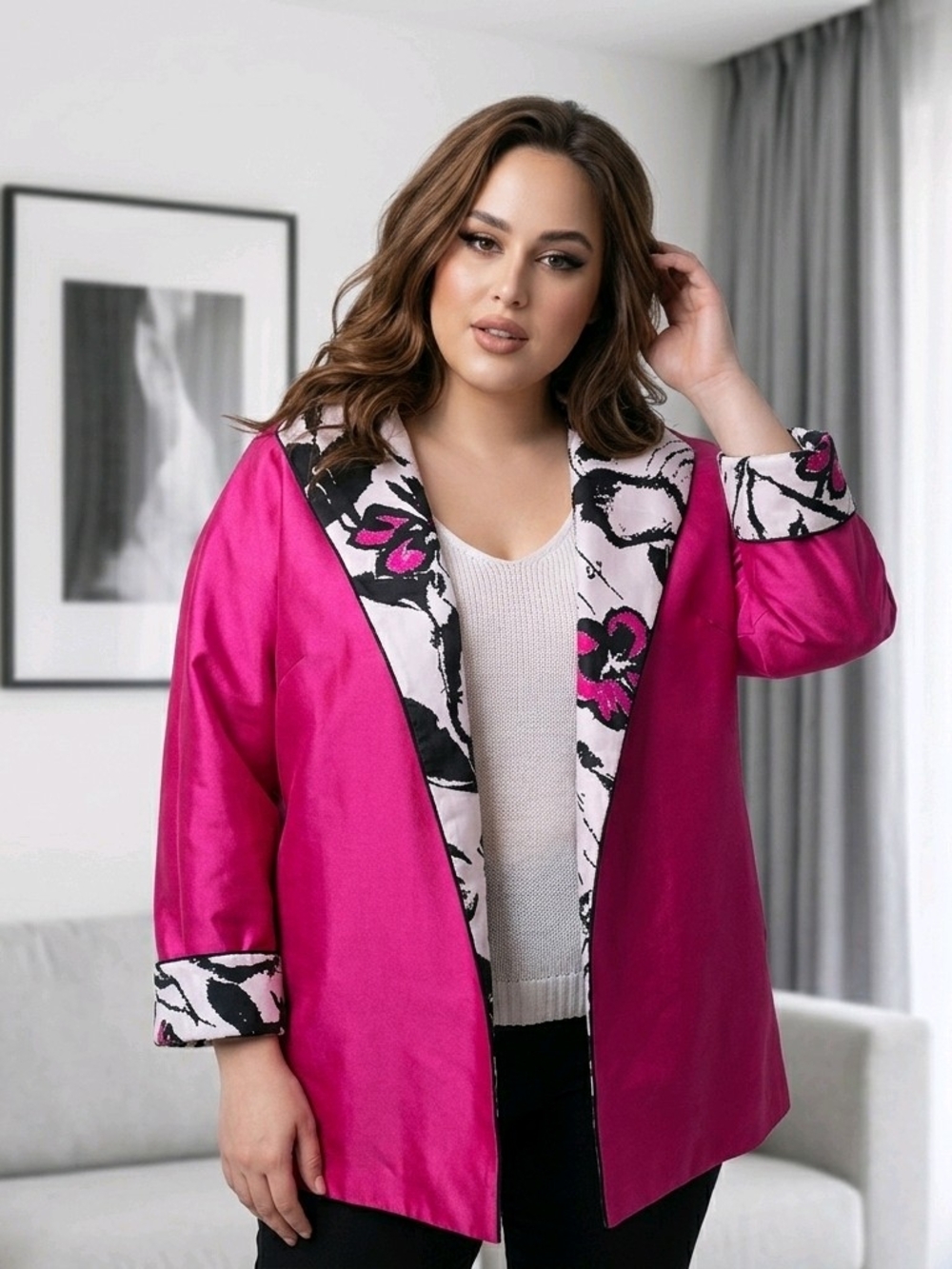 Fuchsia Floral-Trim Open Front Jacket - Women Jackets REVERSABLE!
